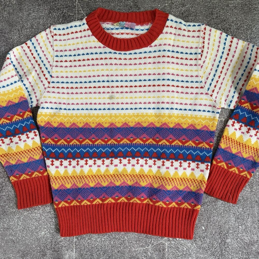 Women's Vintage 80's Cheryl Tiegs White Geometric Aztec Crewneck Sweater Sz S